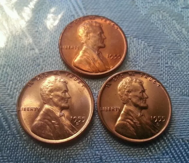 1955-P 1955-D 1955-S Lincoln Wheat Penny Cent Set - Gem Bu!!!