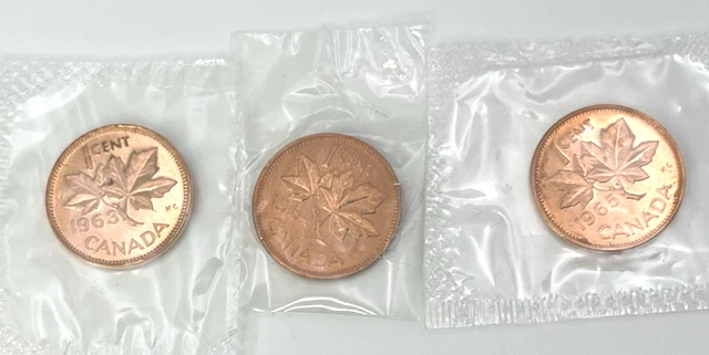 LOT OF 3 BU Canada 1c Pennies 1963 1964 1965 Uncirculated in Mint