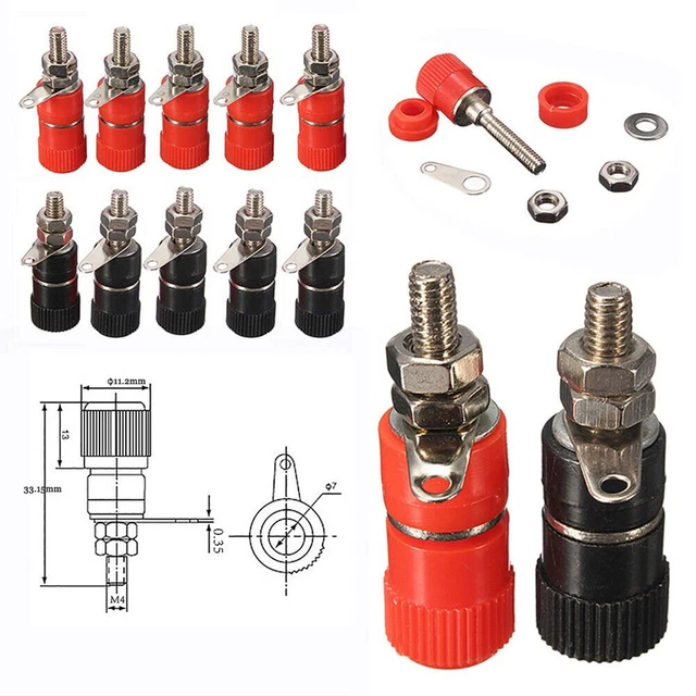 Connecteurs Prise Banane 4 Mm - Lot De 10 (5 Rouge, 5 Noir), Pour Câbles Haut-parleur, Panneau 10 Mm - 12