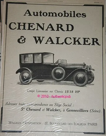 Publicite ancienne CHENARD WALCKER 1919 COUPE LIMOUSINE 15/18HP french ad pub