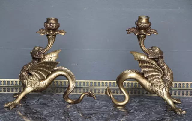 Antique bronze pair Regency candlesticks winged dragons solid bronze batwings