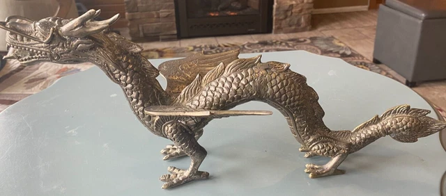 Antique Solid Brass Oriental Chinese Large Winged Dragon 17"Statue Heavy Ornate
