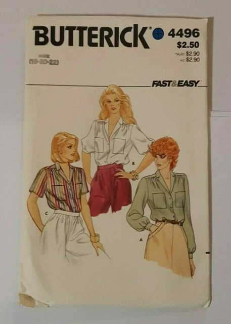 Butterick #4496 Misses Sizes 18-20-22  Long Or Short Sleeve Blouses Cut Pattern