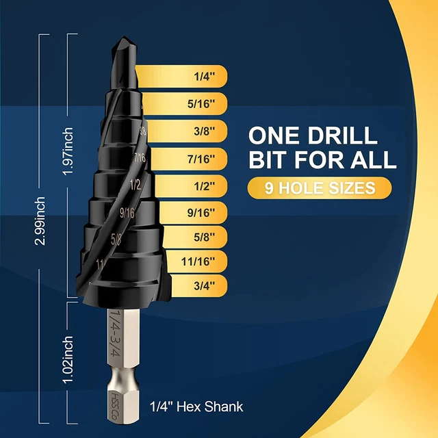 M35 Step Drill Bit, 1/4”-3/4" Impact Ready Three Spiral Flute Unibit Step Bit, 1 2