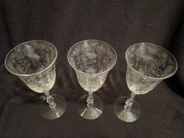 Three (3) Elegant Etched Glass Tall Water Goblets Rosepoint , Cambridge, 8 1/4"