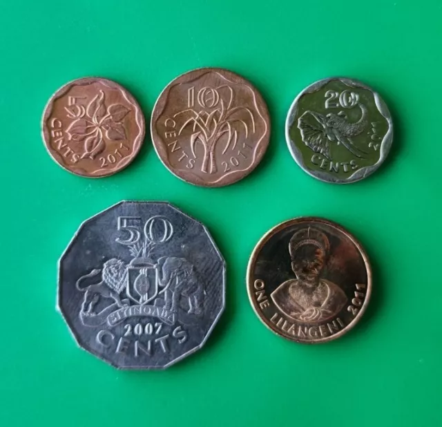 Swaziland 5 Coins 2007-2011 Unc Set 5,10,20,50 ,Cents 1 Lilangeni