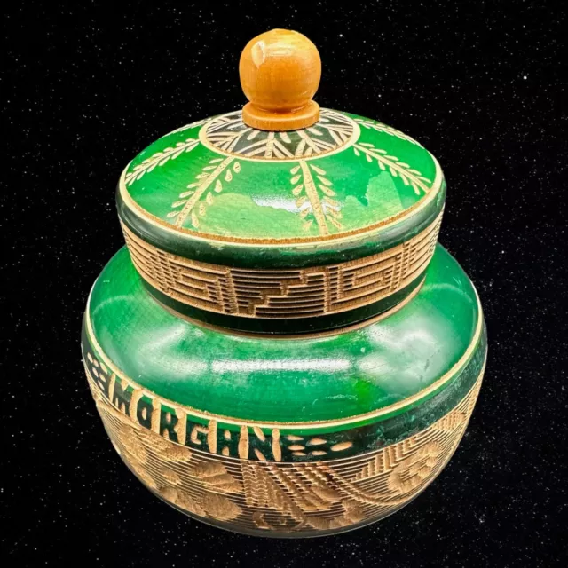 Hugo Saldivar Mexican Hand Carved Wood Etched Green Floral Trinket Box 4.5”T 3”W