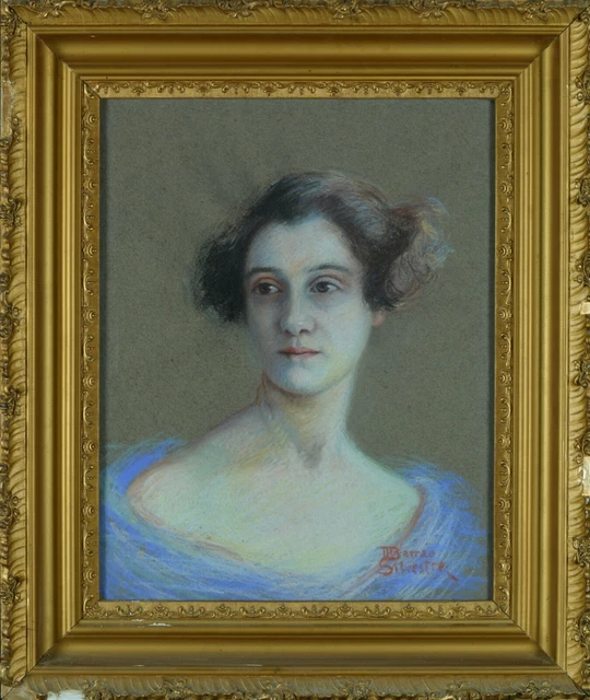 RARE ANTIQUE PASTEL Art New Portrait Young Woman in Blue Dress £299.81 ...