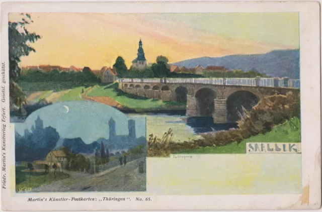 Künstler-AK Burg Saaleck und Saale-Brücke, ungel. ca. 1900