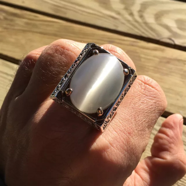 Mens Ring White Moonstone Cats Eye Big Heavy Sterling Silver Turkish Handmade