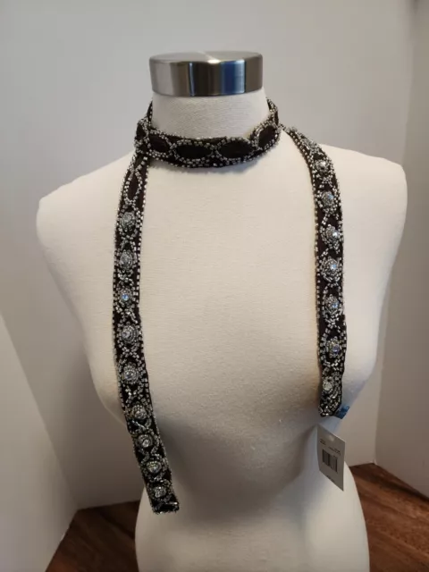 Nine West Black Beaded Rhinestone Skinny Scarf NWT