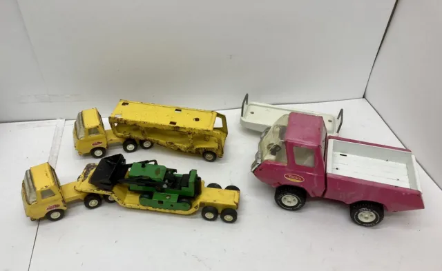 Vintage 1970s Tonka LOT - Pink Toy Pickup Truck Car Carrier Low Loader Bulldozer