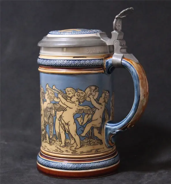 Antique V&b Mettlach Bière Stein Gravé #2025 Chérubin Et Bacchus C.1901 2