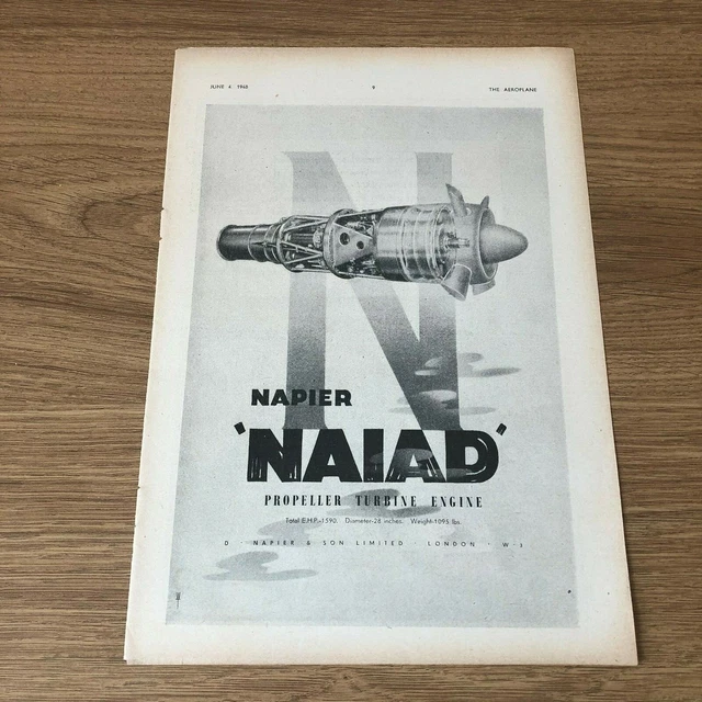 (STA3) Advert 11x8" Napier 'NAIAD'  Propeller Turbine Engine, D. Napier & Son