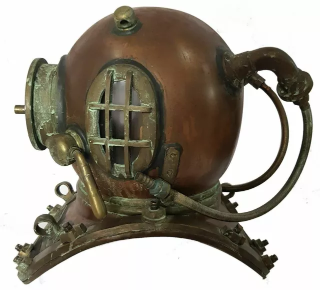 Divers Diving Helmet Copper & Brass Antique Helmet With Wooden Base