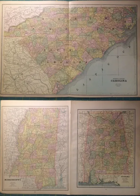 Carolina Alabama Mississippi Rare Vintage Original 1893 Antique Atlas Maps