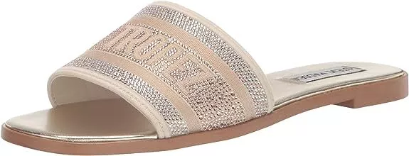 Steve Madden Knox Gold Rhinestone Woven Strap Slip On Open Round Toe Flat Sandal