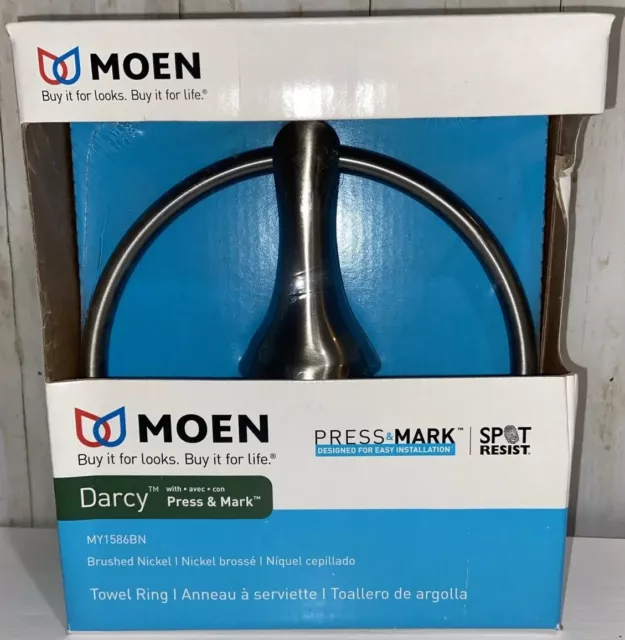 MOEN Darcy w/Press & Mark Towel Ring ~ Brushed Nickel ~ MY1586BN ~ NEW