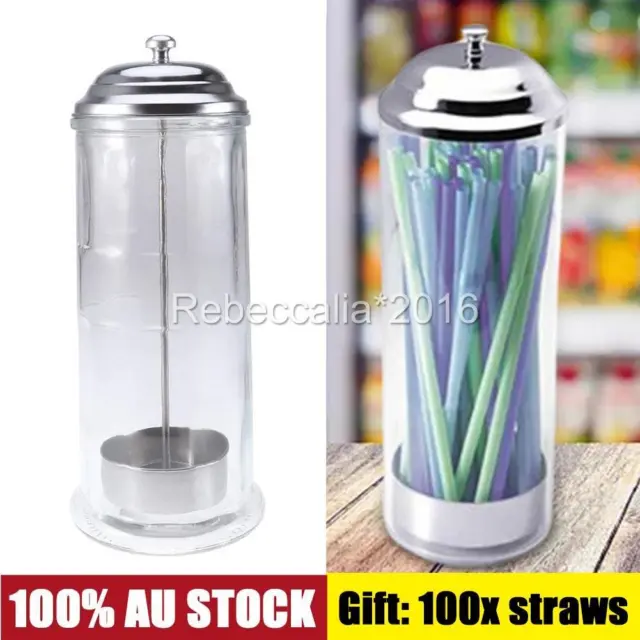 Vintage Straw Dispenser Glass Holder Jar Bottle Soda Drink Diner +100 Straws AU