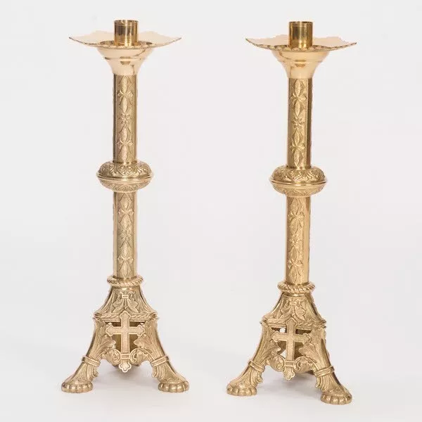 TRADITIONAL PAIR OF BRASS CHURCH ALTAR CANDLE STICKS 22 tall 119 (CHALICE  CO.) 