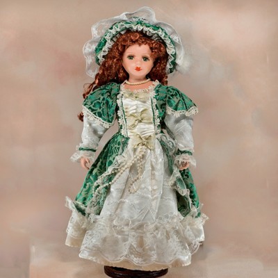 Cathay Collection Porcelain Girl Doll 15" Green Lacey Satin Dress Curly Red Hair