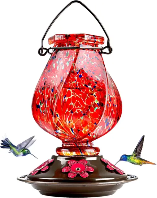 Hand Blown Glass Hummingbird Feeder 22 Ounce 5 Feeding Ports with Perch Red