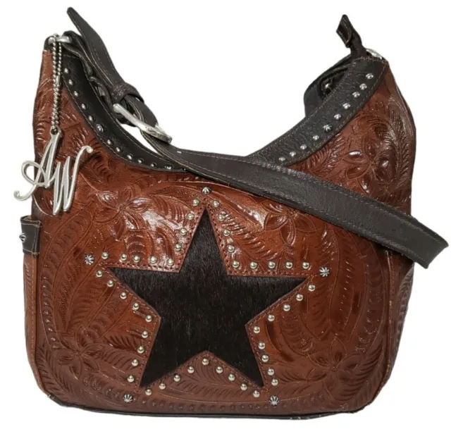 AMERICAN WEST Tooled Brown/Calf Hair Star Studded LEATHER Shoulder Handbag Purse