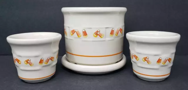 Longaberger Candy Corn Pottery Set, Crock with Lid & Votive Cups