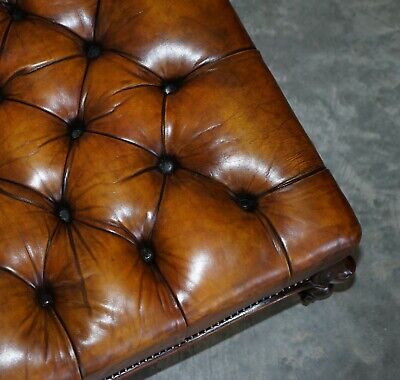 Huge Fully Restored Chesterfield Hand Dyed Brown Leather Hearth Footstool 11
