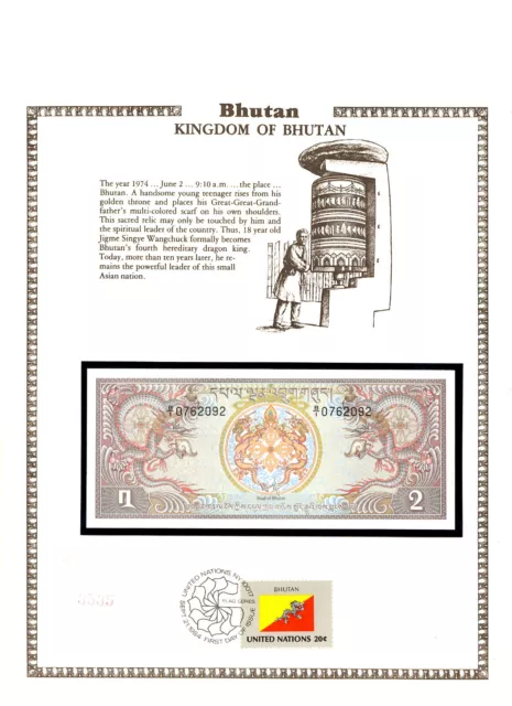 Bhutan 1981 2 Ngultrum P-6 UNC with FDI UN FDI FLAG STAMP B/1 0762092