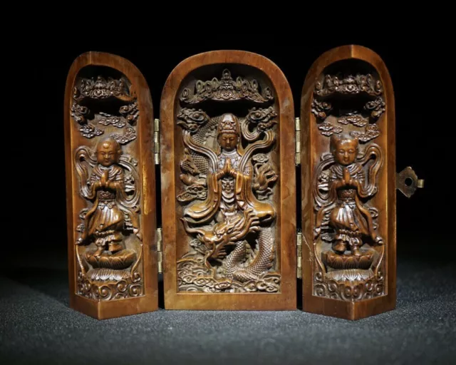 4" Chinese Natural Boxwood Hand Carved Exquisite Three Open Box