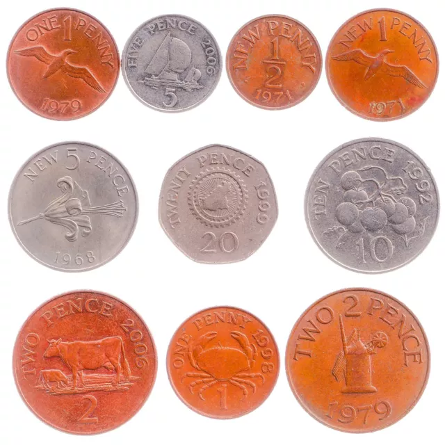 10 Different Coins From Guernsey. Mixed Currency: 1 Penny - 20 Pence. 1968-2021