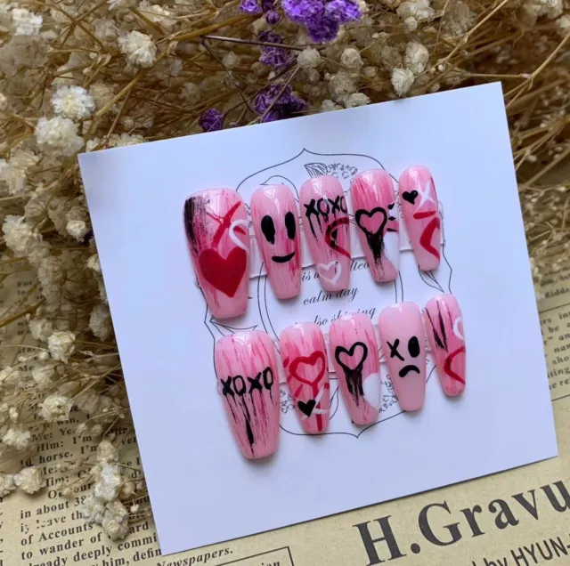 Halloween Hand Painted Heart xoxo Press-on Fake/False Nails - Size S Reusable