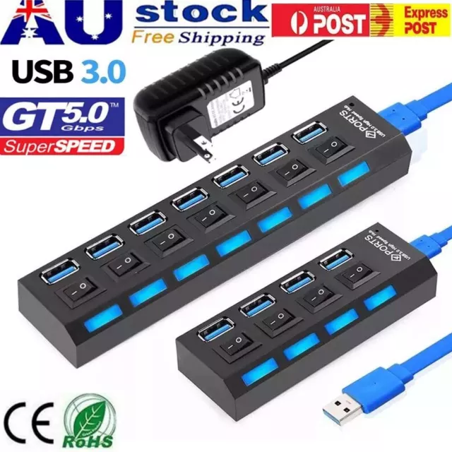 5Gbps High Speed USB3.0 Hub Power Adapter 4/7 Port Splitter Extender PC AC Power