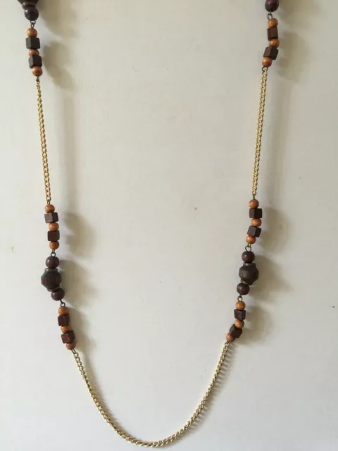 VTG Gold tone wood beads Long station necklace 42"L