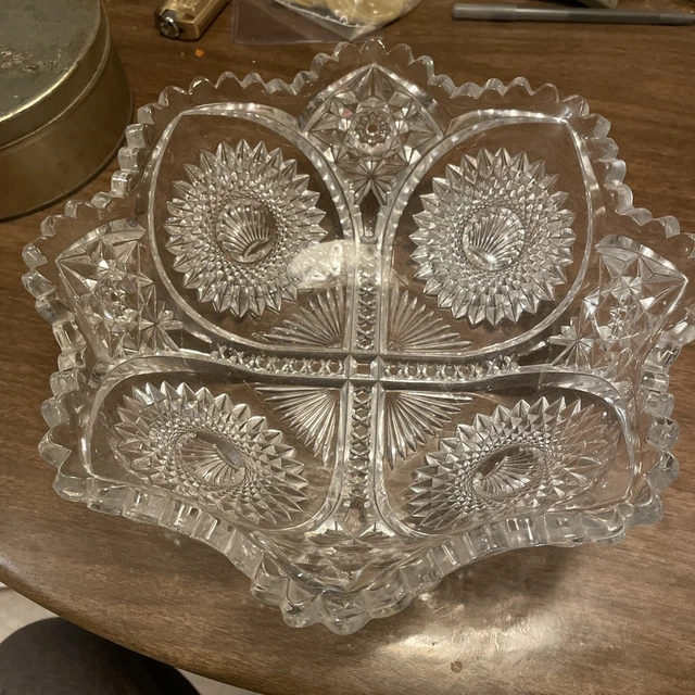 Vintage American Brilliant Cut Glass Bowl Beautiful Heavy Great Condition 10” 2