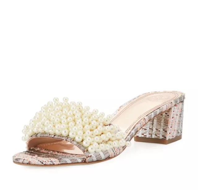 Tory Burch tatiana moody tweed pearl slide sandals, metallic tweed