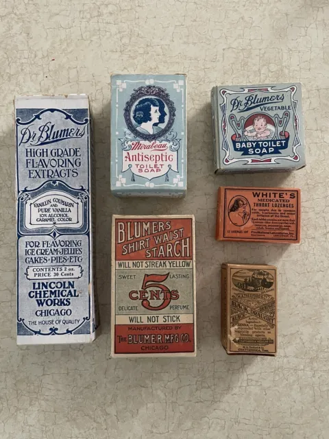 Lot of 6 Vintage Dr Blumers White’s Mirabeau & Black Draught BOXES (Soap Starch)