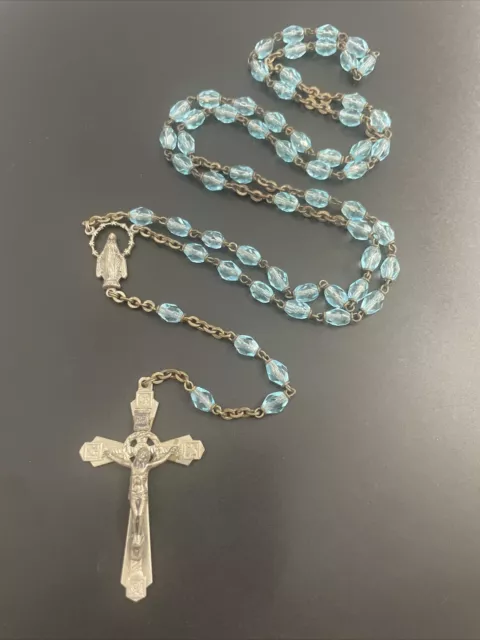 Vintage Catholic Aqua  Blue Crystal 5 Decade Rosary Silver Tone Crucifix Italy