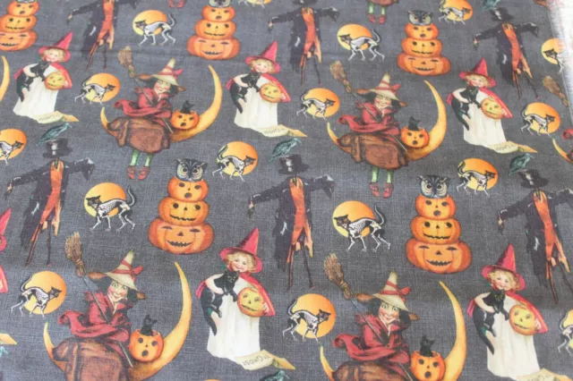 Rare Vintage  Style Halloween Cotton Fabric  Moon, Witches, ghost, pumpkins