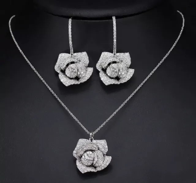 18K White Gold Plated Flower Pendant Necklace Earrings made w Swarovski Crystal 2