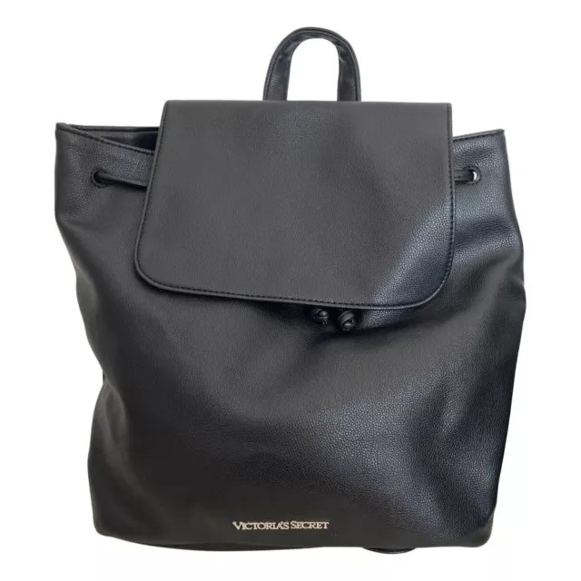 Victorias Secret Faux Leather Backpack Black Adjustable Straps Drawstring Bag
