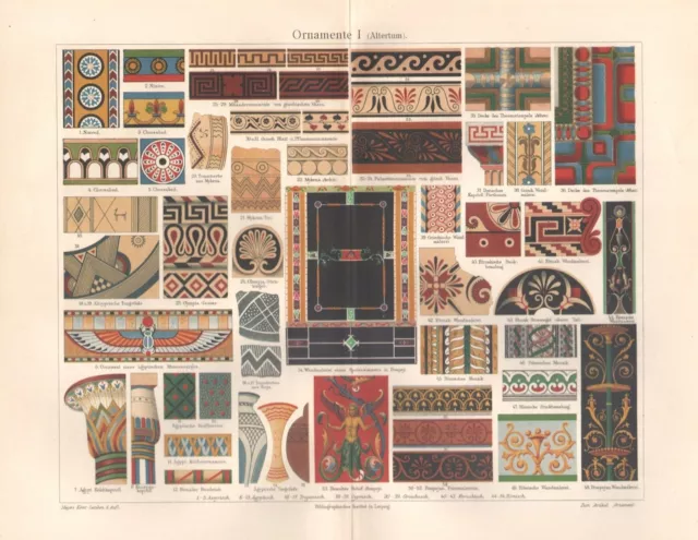 Ornamente Altertum Ägypten Rom Mosaik Wandmalerei   Lithographie um 1900