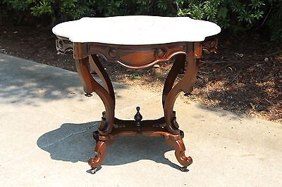 Fabulous Walnut Victorian Rococo Turtle Marble Top Center Parlor Table Ca1860