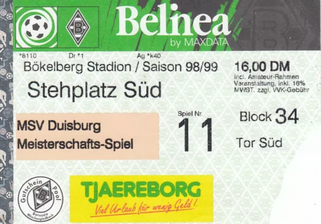 Ticket - Borussia Monchengladbach v MSV Duisburg 13.03.1999