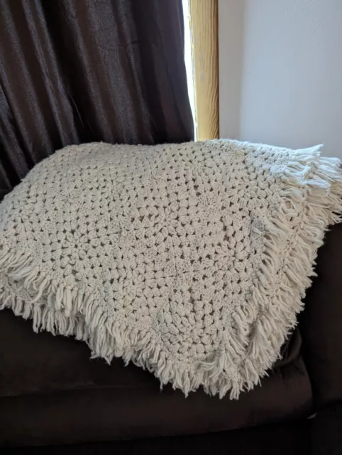 Ivory cream crochet puff flower granny square Afghan throw blanket 65x39