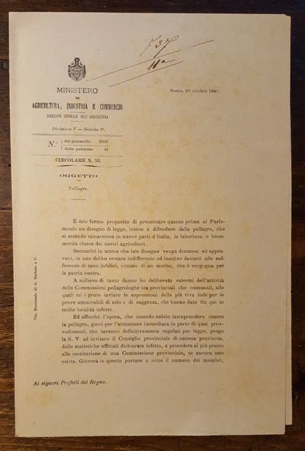 15086-Roma,Circolare A Stampa: Pellagra Che Si Estende Minacciosa In Italia,1901
