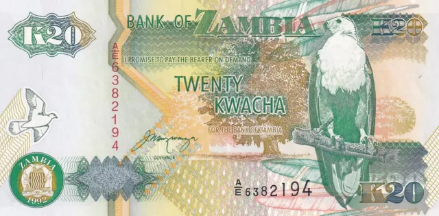 20 Kwacha 1992 Sambia Banknote AUNC aus Bündel P-36