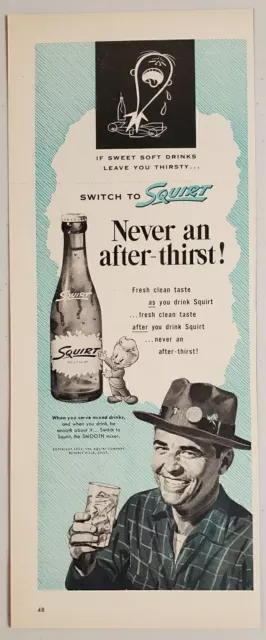 1954 Print Ad Squirt Grapefruit Soda in Bottles Happy Man Drinks a Glass