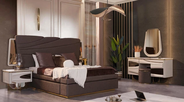 Luxe Chambre à Coucher Lit Double Ensemble Lit Moderne Gris Set 4tlg Beige,